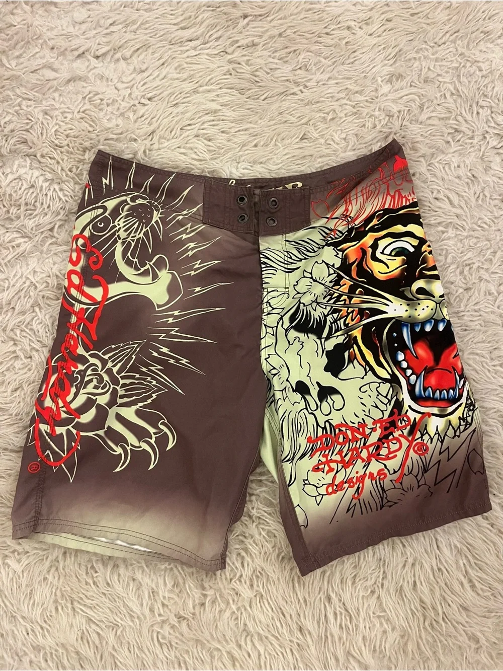 Ed Hardy Brown, Cream & Red Tiger Graphic Board Shorts